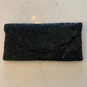 NWOT Black Beaded Scalloped Envelope Clutch